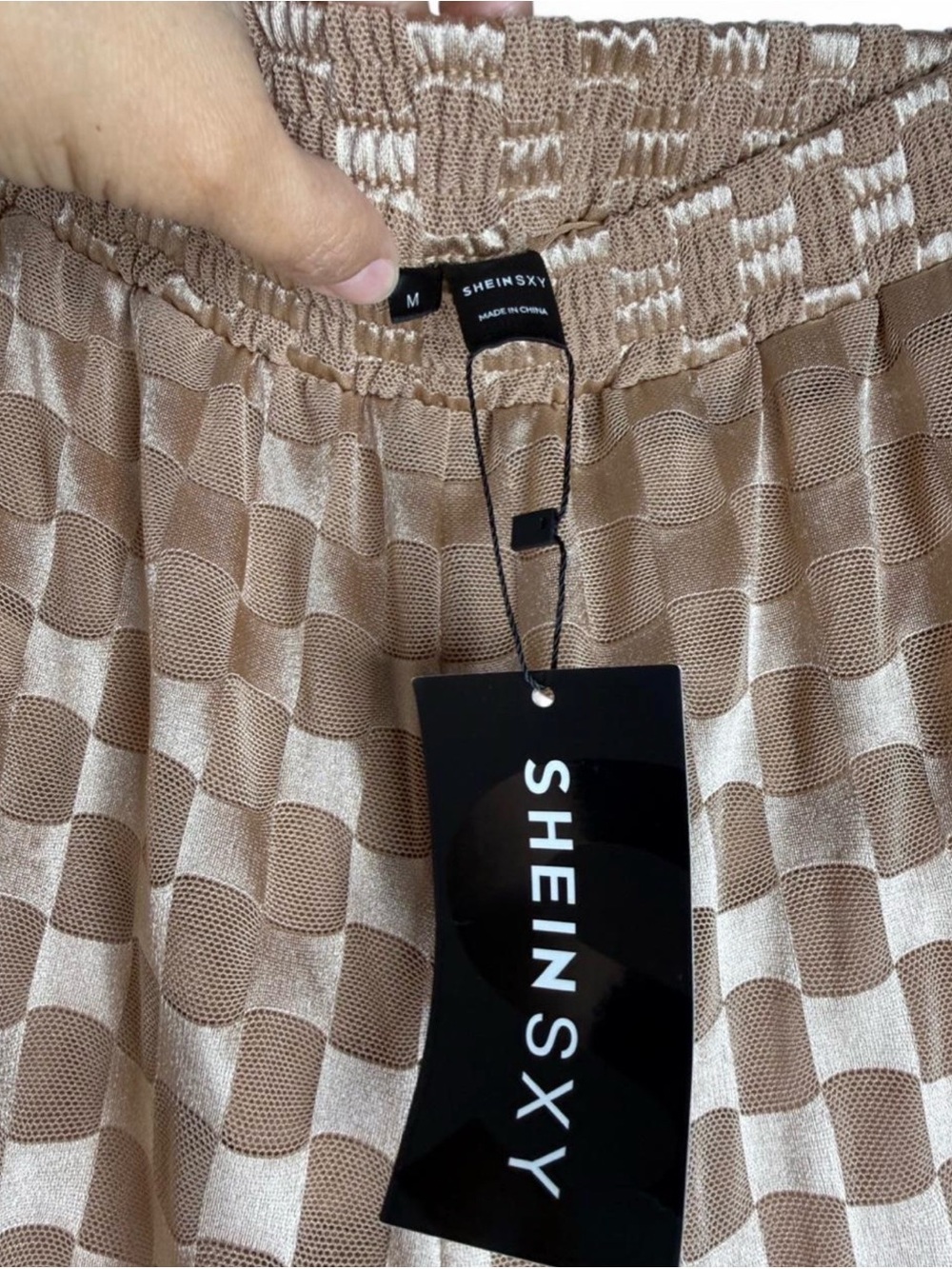NWT SHEIN Checkerboard Satin Wide-Leg Pants and sexy top- Sheer set. Size M. - Picture 5 of 8